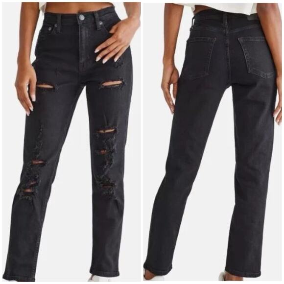 NWT AERO Mom Hig Rise Stretch Black Distressed Jeans Sz 00 - Picture 1 of 10